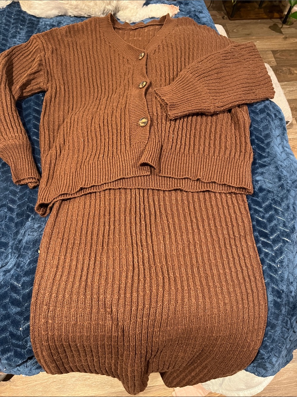 SHEIN Brown Ribbed Long Sleeve Knit Dress Set
